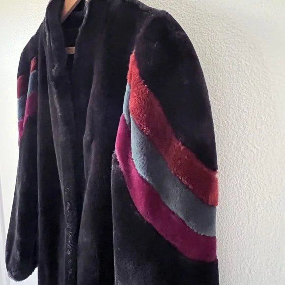 Vintage 80s Black Faux Fur Teddy Coat Colorblock Stripe Size Medium - Picture 2 of 12